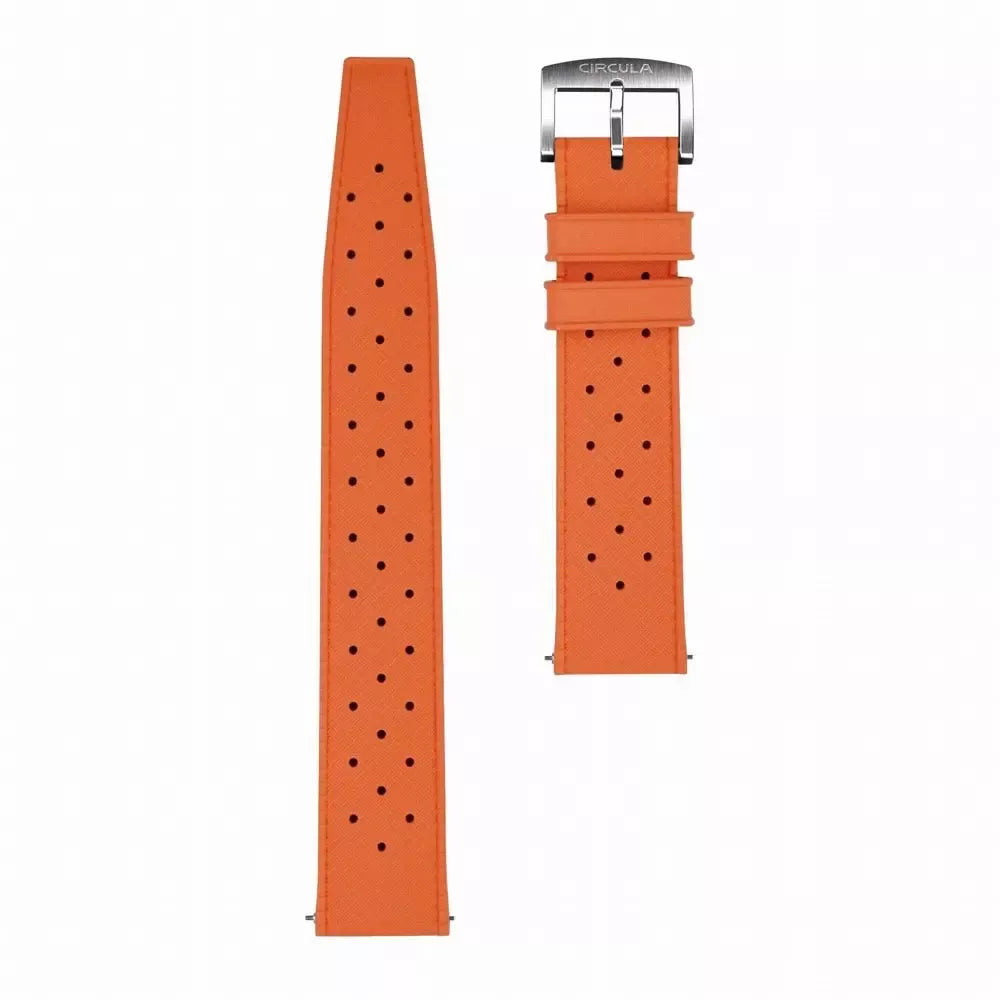 Vibrant orange perforated watch strap with silver buckle, ideal for stylish timepieces