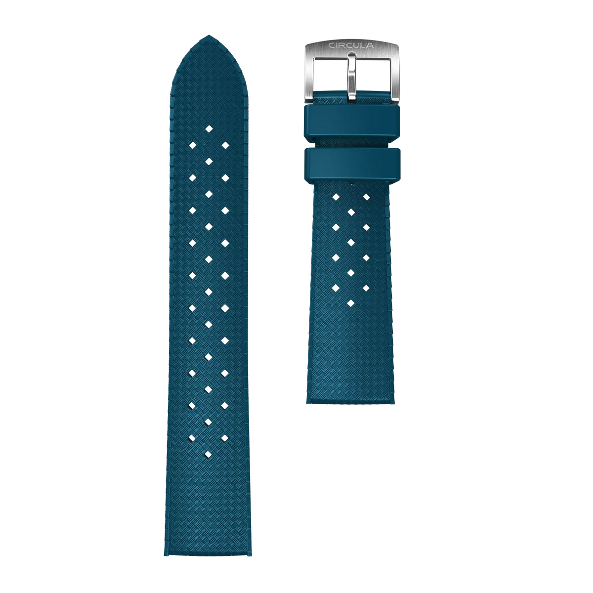 Teal watch strap with diamond-cut texture and silver buckle, ideal for luxury timepieces