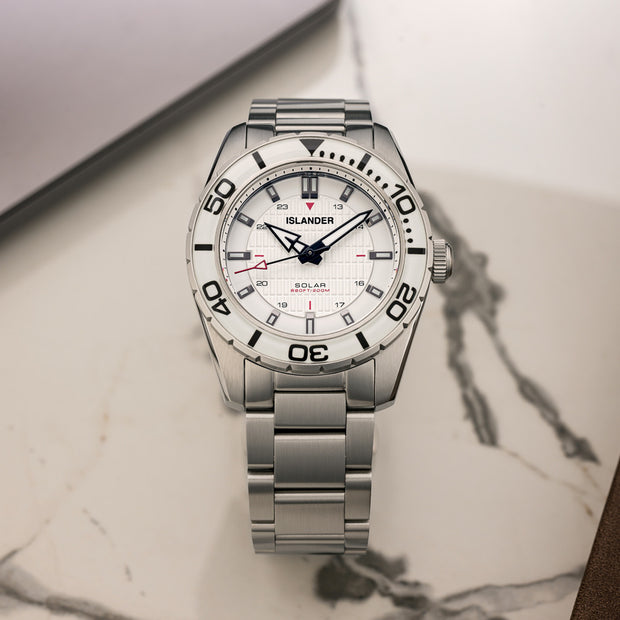 Islander Watch – Saltaire 38mm Solar Dive Watch with Pure White Dial #ISL-281